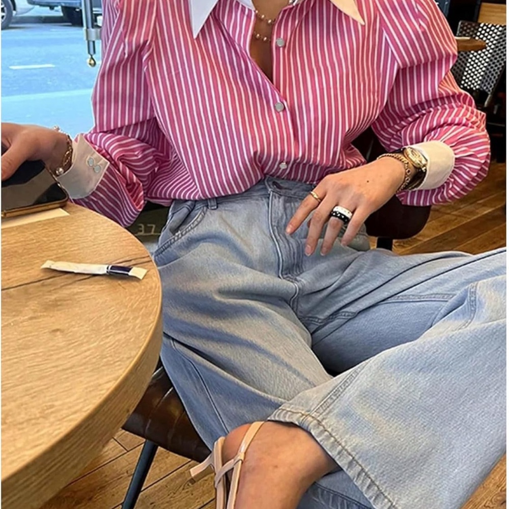 Pink and White Striped Button-Up Shirt